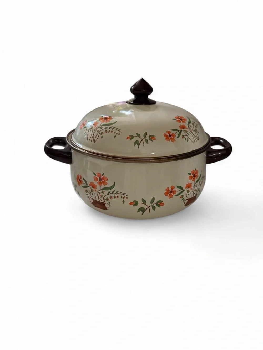 Vintage Cream Floral Enamel large pot with lid